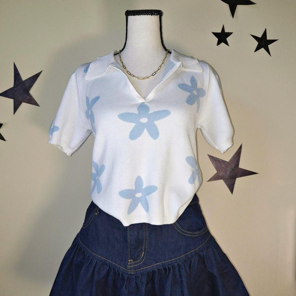 VTG Sadie & Sage Retro Floral Knit Polo Cottagecore Grandmacore Coquette S